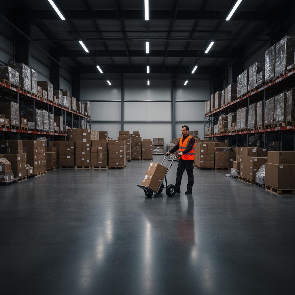 Warehouse worker moving stacked stock with a hand truck inside a modern warehouse