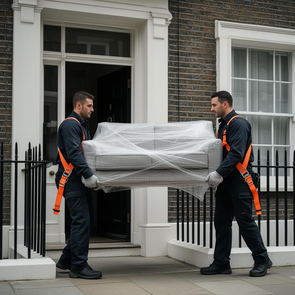 Two movers in uniform carrying a wrapped sofa out of a London terraced house