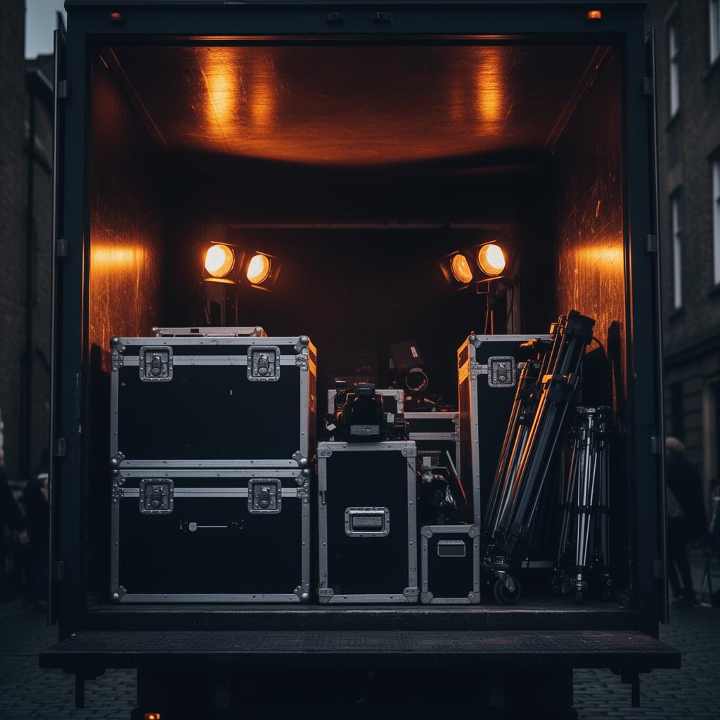 Production flight cases and lighting equipment loaded inside a lorry