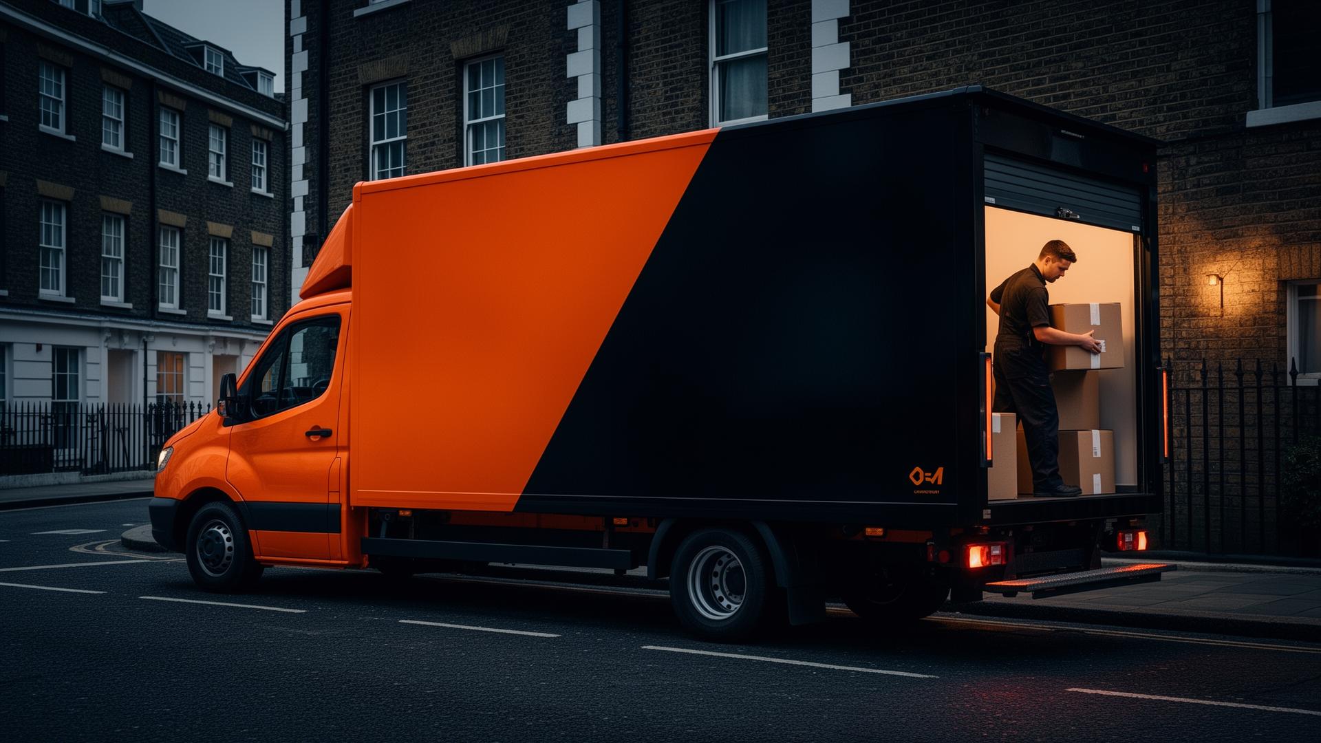Orange and black Space Hopper removals lorry on a London street at dusk